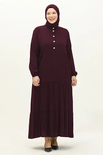 moda selvim Yarım Düğmeli Viskon Elbise 5001ERK1158 Mürdüm - Thumbnail