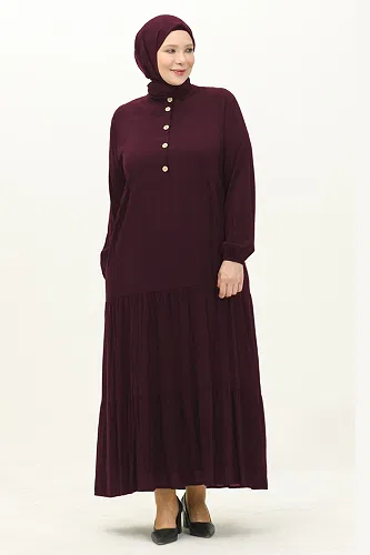 moda selvim Yarım Düğmeli Viskon Elbise 5001ERK1158 Mürdüm - Thumbnail