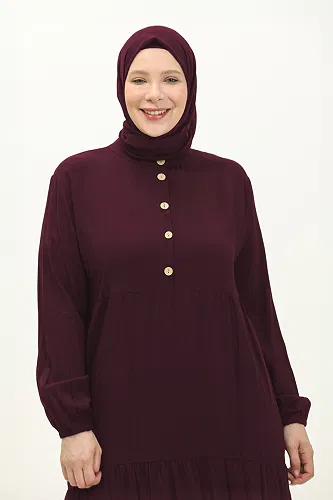 moda selvim Yarım Düğmeli Viskon Elbise 5001ERK1158 Mürdüm - Thumbnail