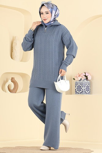 moda selvim Yarım Fermuar Detaylı 2 li Triko Takım 2835AYD574 İndigo - Thumbnail