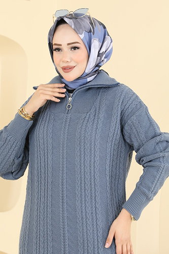 moda selvim Yarım Fermuar Detaylı 2 li Triko Takım 2835AYD574 İndigo - Thumbnail