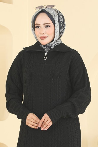 moda selvim Yarım Fermuar Detaylı 2 li Triko Takım 2835AYD574 Siyah - Thumbnail
