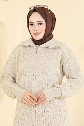 moda selvim Yarım Fermuar Detaylı 2 li Triko Takım 2835AYD574 Taş - Thumbnail