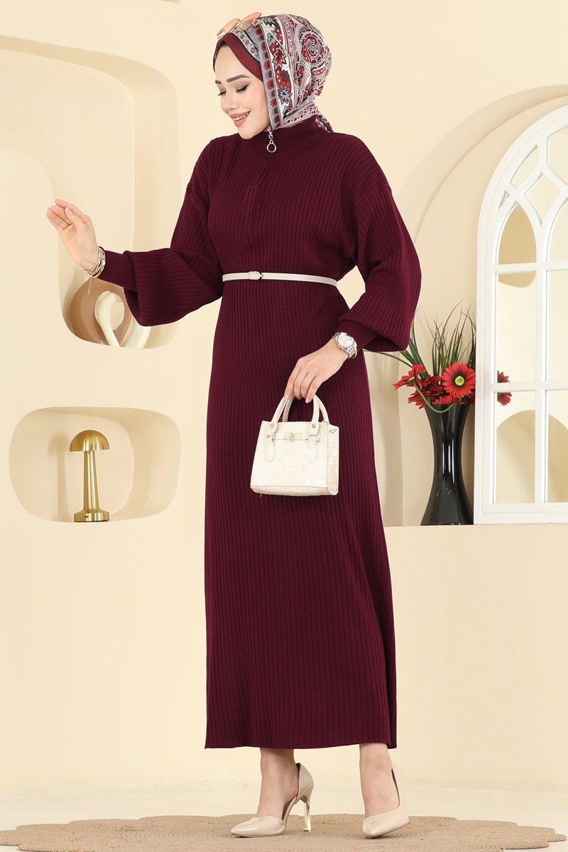 Yarım Fermuar Detaylı Elbise 2770AYD574 Bordo