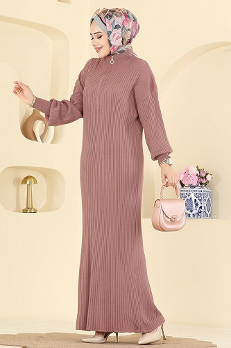 moda selvim Yarım Fermuar Detaylı Elbise 2770AYD574 Gül Kurusu - Thumbnail