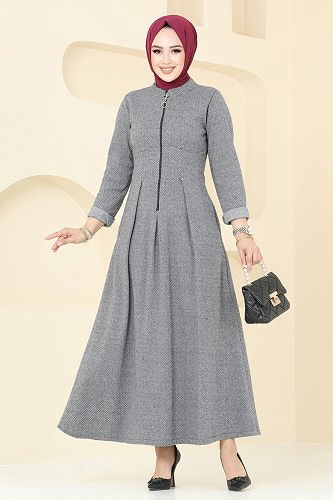 moda selvim Yarım Fermuarlı Balıksırtı Elbise 22026UKB139 Gri - Thumbnail