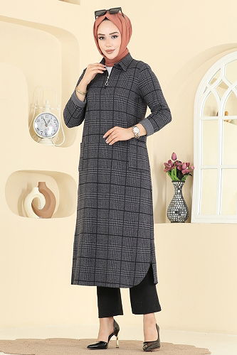 moda selvim Yarım Fermuarlı Balıksırtı Takım 24010UKB139 Antrasit - Thumbnail