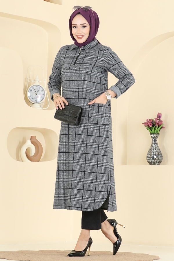 Modaselvim Kombin Yarım Fermuarlı Balıksırtı Takım 24010UKB139 Gri