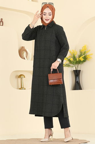 moda selvim Yarım Fermuarlı Balıksırtı Takım 24010UKB139 Koyu Haki - Thumbnail