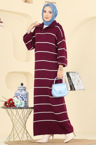 B.R.Z - Yarım Fermuarlı Çizgili Elbise 11038BRZ597 Bordo