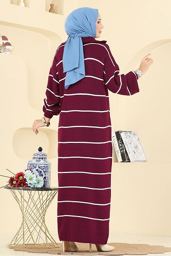 moda selvim Yarım Fermuarlı Çizgili Elbise 11038BRZ597 Bordo - Thumbnail