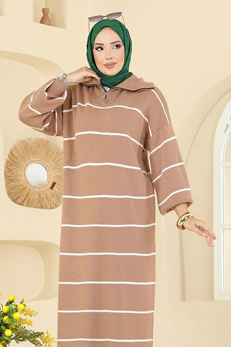 moda selvim Yarım Fermuarlı Çizgili Elbise 11038BRZ597 Vizyon - Thumbnail
