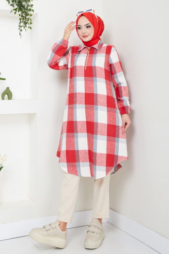 MRV S.V.L. - Yarım Fermuarlı Ekose Tunik 6915S982-M Kırmızı