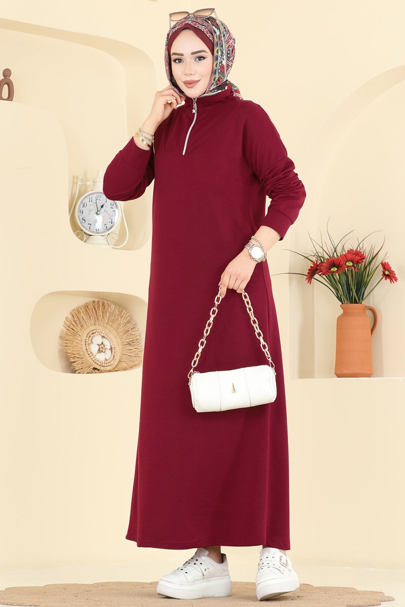 Yarım Fermuarlı Elbise 13366ETT926 Bordo
