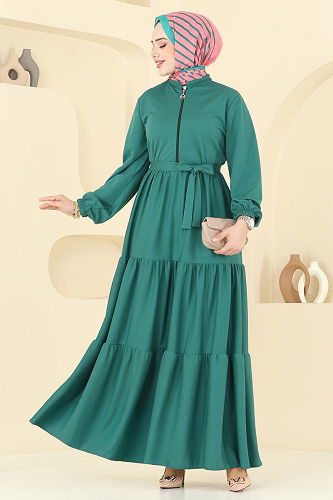 moda selvim Yarım Fermuarlı Elbise Ferace 1202DLB1088 Açık Petrol - Thumbnail