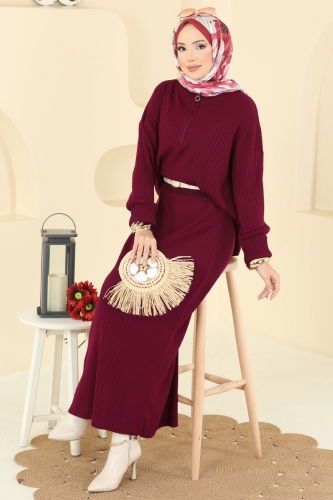 A.Y.D. - Yarım Fermuarlı Etekli Takım 2750AYD574 Bordo