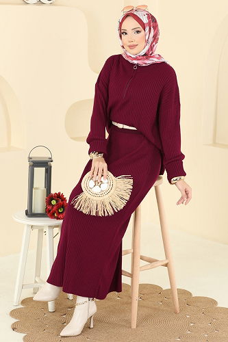 moda selvim Yarım Fermuarlı Etekli Takım 2750AYD574 Bordo - Thumbnail