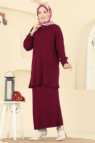 moda selvim Yarım Fermuarlı Etekli Takım 2750AYD574 Bordo - Thumbnail