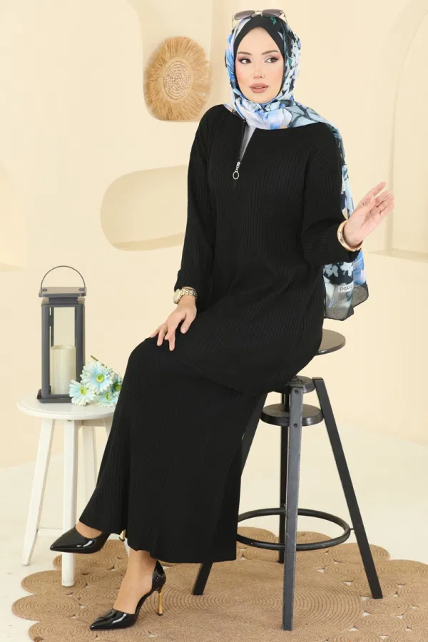 Modaselvim Kombin Yarım Fermuarlı Etekli Takım 2750AYD574 Siyah