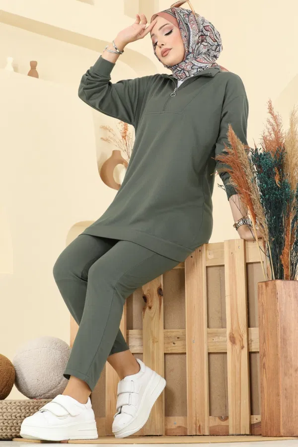 Modaselvim Kombin Yarım Fermuarlı İki İp Takım 7080TEG847 Haki