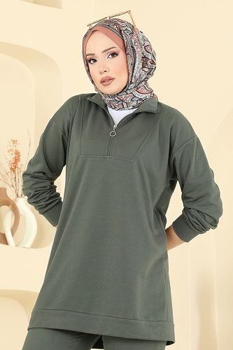 moda selvim Yarım Fermuarlı İki İp Takım 7080TEG847 Haki - Thumbnail