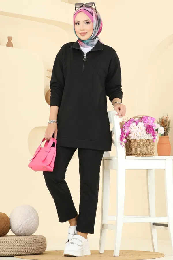 Modaselvim Kombin Yarım Fermuarlı İki İp Takım 7080TEG847 Siyah