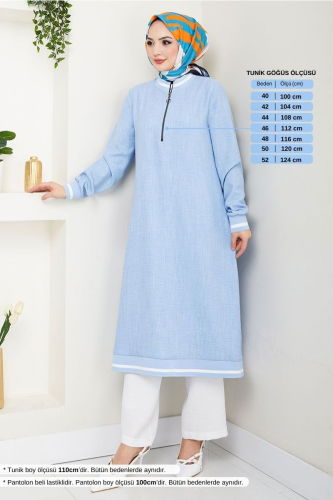MRV S.V.L. - Yarım Fermuarlı Keten Takım 1724SVL982-M Bebe Mavisi&Ekru