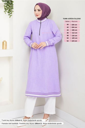 MRV S.V.L. - Yarım Fermuarlı Keten Takım 1724SVL982-M Lila&Ekru