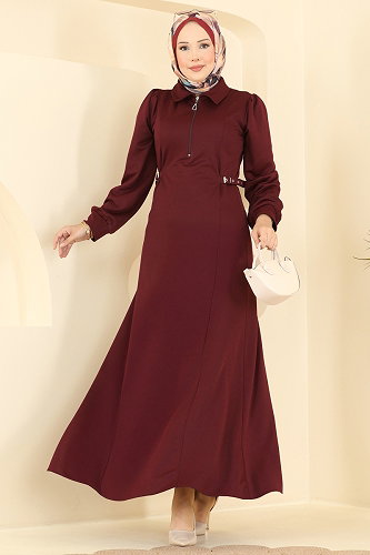 moda selvim Yarım Fermuarlı Krep Elbise 24051UKBK1160 Bordo - Thumbnail