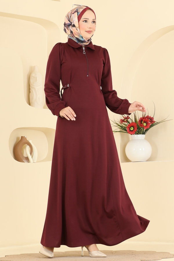 Modaselvim Elbise Yarım Fermuarlı Krep Elbise 24051UKBK1160 Bordo