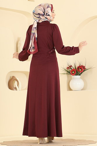 moda selvim Yarım Fermuarlı Krep Elbise 24051UKBK1160 Bordo - Thumbnail