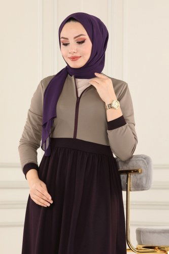 moda selvim Yarım Fermuarlı Mira Elbise 3035MH427 Koyu Vizyon&Mürdüm - Thumbnail