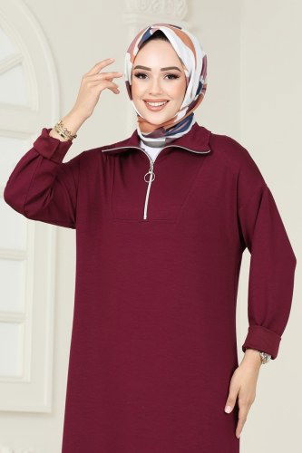 moda selvim Yarım Fermuarlı Modal Kumaş Elbise 4588NSS609 Bordo - Thumbnail