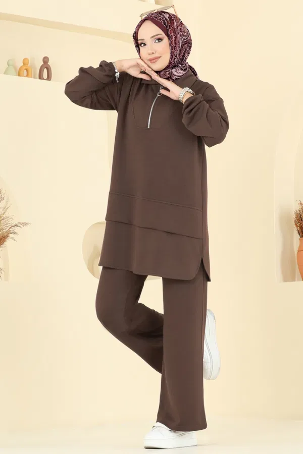 Modaselvim Kombin Yarım Fermuarlı Modal Kumaş Takım 5017HBS856 Açık Kahve