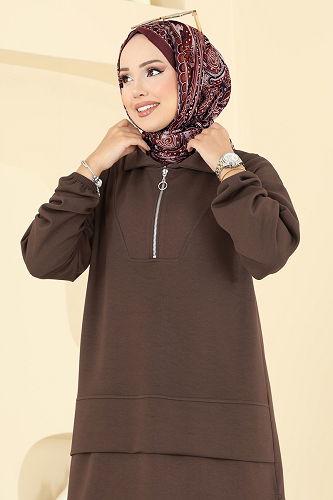 moda selvim Yarım Fermuarlı Modal Kumaş Takım 5017HBS856 Açık Kahve - Thumbnail