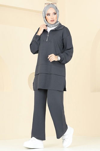 moda selvim Yarım Fermuarlı Modal Kumaş Takım 5017HBS856 Füme - Thumbnail