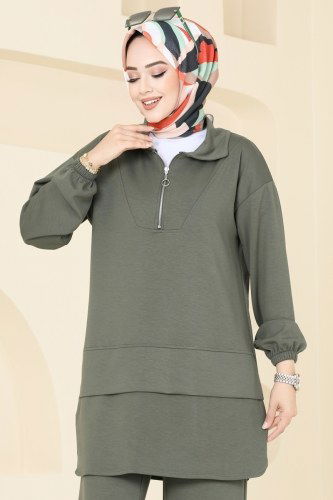 moda selvim Yarım Fermuarlı Modal Kumaş Takım 5017HBS856 Haki - Thumbnail