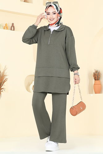 moda selvim Yarım Fermuarlı Modal Kumaş Takım 5017HBS856 Haki - Thumbnail
