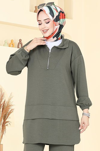 moda selvim Yarım Fermuarlı Modal Kumaş Takım 5017HBS856 Haki - Thumbnail