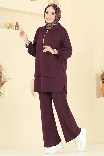 moda selvim Yarım Fermuarlı Modal Kumaş Takım 5017HBS856 Koyu Bordo - Thumbnail