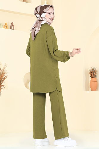 moda selvim Yarım Fermuarlı Modal Kumaş Takım 5017HBS856 Yağ Yeşili - Thumbnail