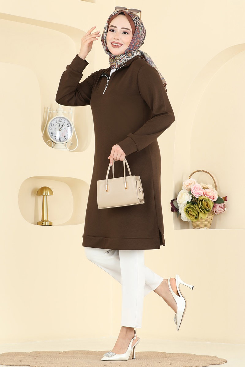 Yarım Fermuarlı Modal Tunik 1008ETT926 Kahve