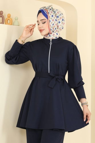 moda selvim Yarım Fermuarlı Scuba Takım 2710AYD574 Laci - Thumbnail