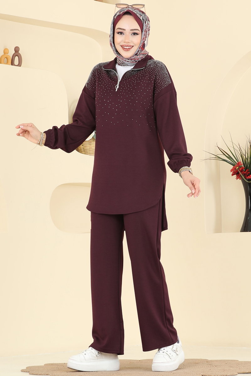 Yarım Fermuarlı Taşlı Takım 2743AYD574 Bordo