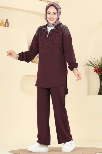 A.Y.D. - Yarım Fermuarlı Taşlı Takım 2743AYD574 Bordo