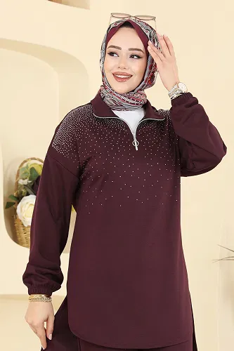 moda selvim Yarım Fermuarlı Taşlı Takım 2743AYD574 Bordo - Thumbnail