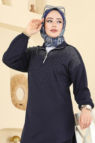 moda selvim Yarım Fermuarlı Taşlı Takım 2743AYD574 Laci - Thumbnail