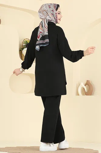 moda selvim Yarım Fermuarlı Taşlı Takım 2743AYD574 Siyah - Thumbnail