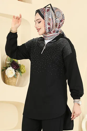 moda selvim Yarım Fermuarlı Taşlı Takım 2743AYD574 Siyah - Thumbnail