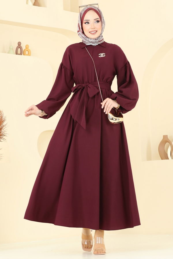 Modaselvim Elbise Yarım Fermuarlı Tesettür Elbise 4407CR1136 Bordo